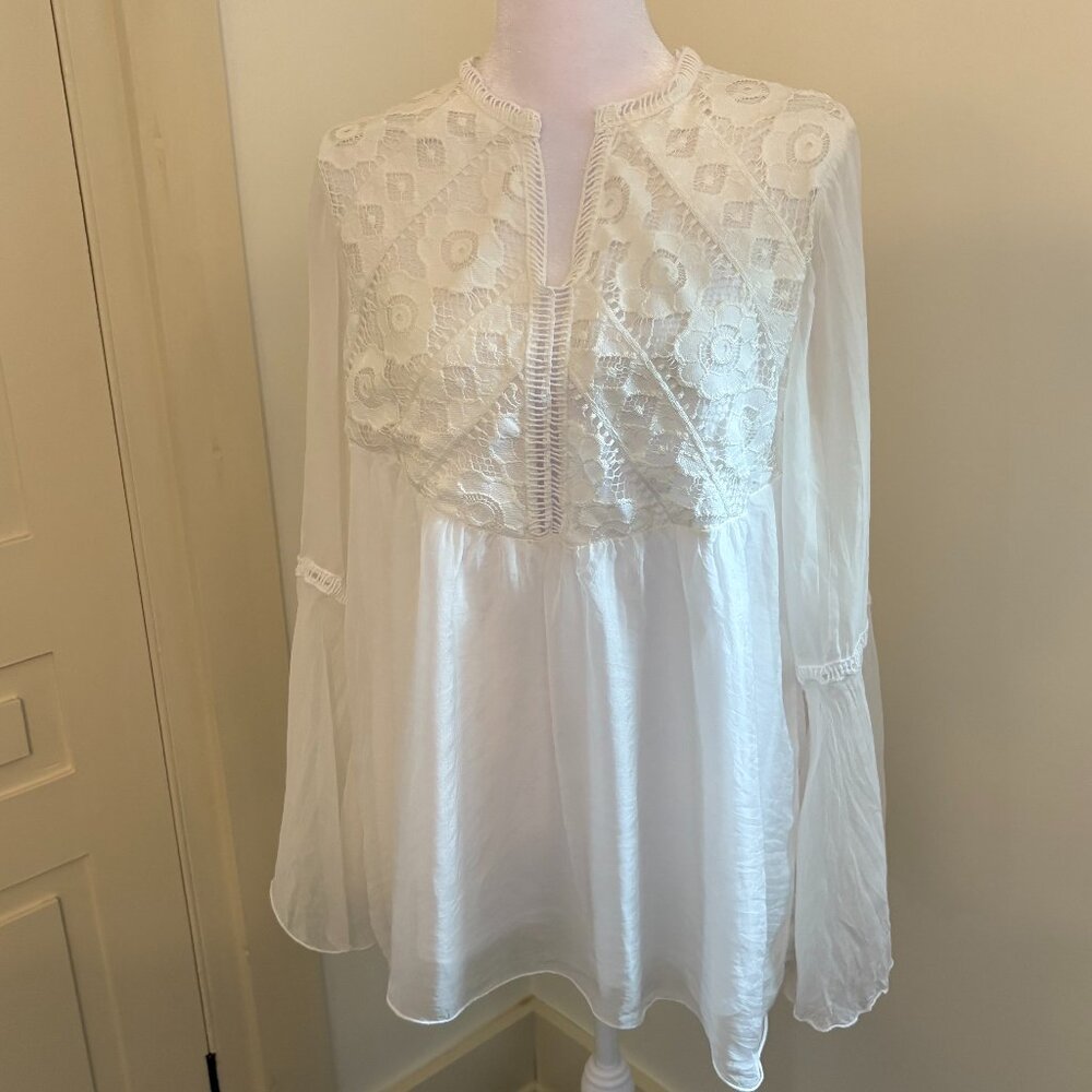 White Silk and Lace Pullover Blouse with Poet Sleeves, Imported from Italy, Med.